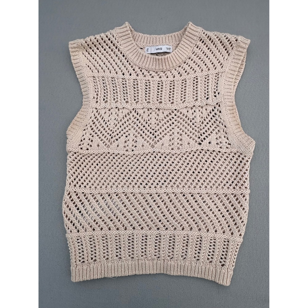 Mango MNG Women Beige‎ Crochet Knit Sweater Vest Sleeveless Pointelle Top Small